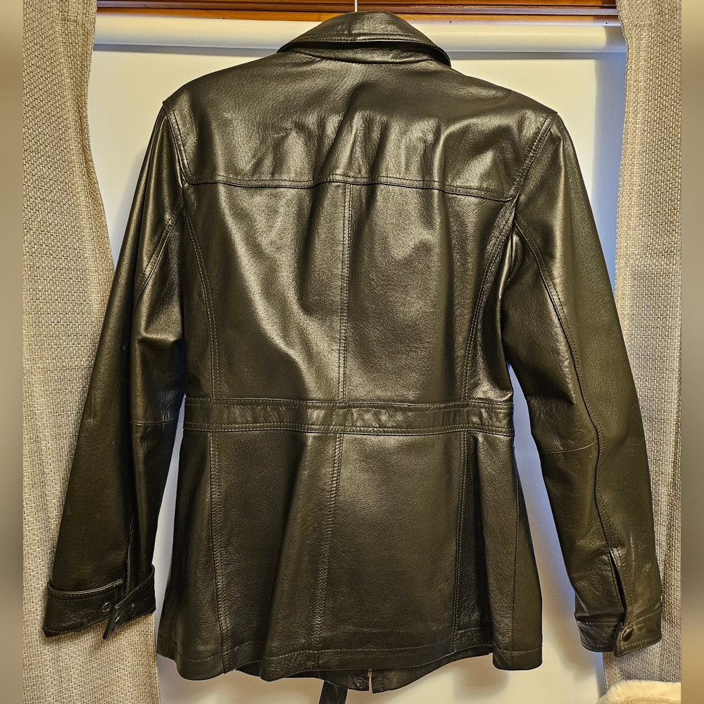 Woman's Leather Black Belted Jacket - Picture 2 of 4